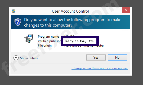 Screenshot where Tianyibo Co., Ltd. appears as the verified publisher in the UAC dialog